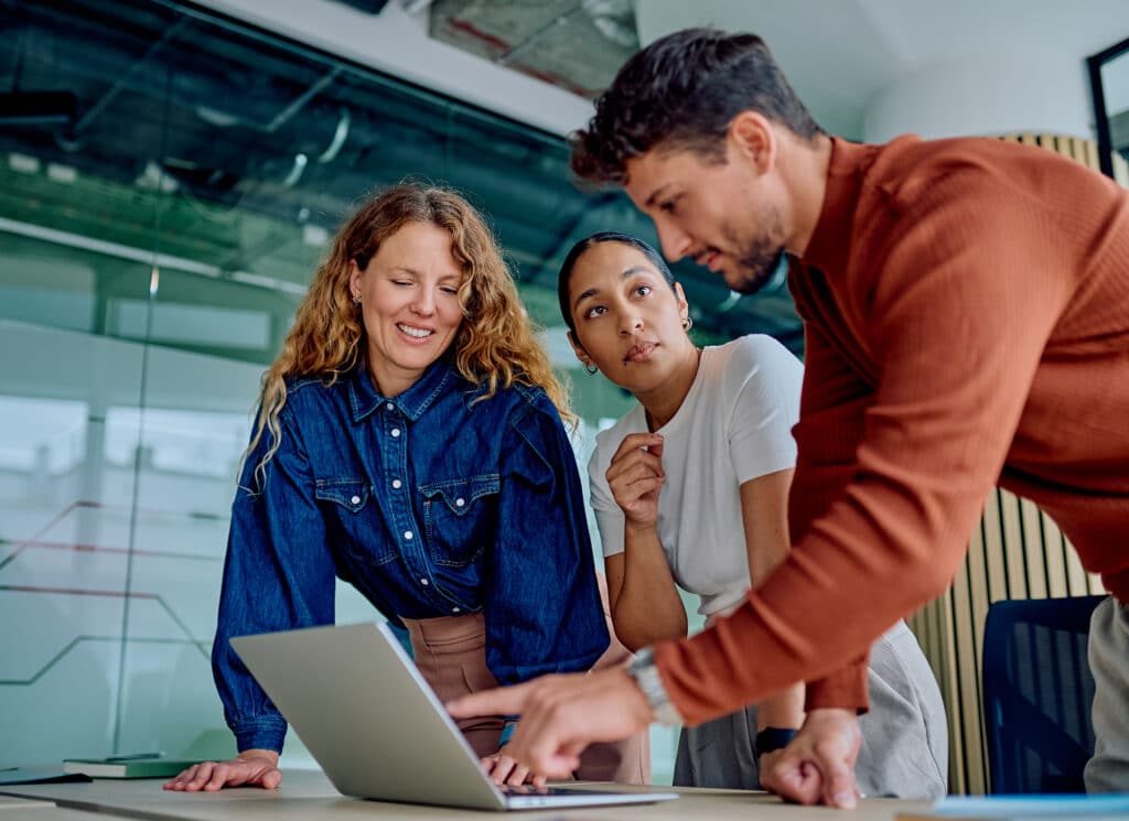 Diverse business team collaborating and discussing